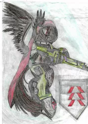 Size: 830x1169 | Tagged: safe, artist:fedetom, artist:pedrortis, derpibooru import, oc, oc:hunter, unofficial characters only, pegasus, pony, armor, cap, destiny, destiny (game), game, hat, hunter, logo, red eyes, sniper, solo, traditional art, wounded warriors