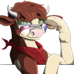 Size: 1024x1023 | Tagged: arizona cow, artist:korencz11, bandana, cloven hooves, community related, cow, derpibooru import, female, glasses, hoof hold, looking at you, safe, simple background, solo, them's fightin' herds, transparent background