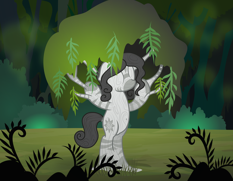 Size: 4233x3287 | Tagged: artist:nxzc88, dendrification, derpibooru import, everfree forest, fern, forest, high res, i have no mouth and i must scream, inanimate tf, oc, oc:sunflower (pyrisamiracles), plant tf, semi-grimdark, solo, transformation, transformed, tree, unofficial characters only, vector, zebra, zebra oc