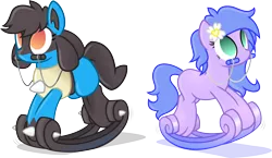 Size: 3183x1843 | Tagged: safe, artist:nxzc88, derpibooru import, oc, oc:aria, oc:liatris blossomheart, ponified, earth pony, lucario, pony, duo, female, high res, inanimate tf, pokémon, reins, rocking, rocking horse, simple background, transformation, transformed, transparent background, vector