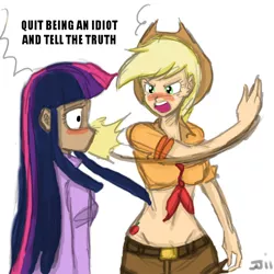 Size: 700x700 | Tagged: applejack, applejack's hat, artist:johnjoseco, ask gaming princess luna, batman, batman slaps robin, belly button, blushing, cowboy hat, cutie mark on human, derpibooru import, dialogue, edit, front knot midriff, frustrated, frustration, hat, honesty, horse play, human, humanized, midriff, my parents are dead, safe, simple background, slap, slapping, twilight sparkle, white background