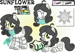 Size: 3000x2117 | Tagged: artist:nxzc88, bio in description, clothes, cute, cutie mark, derpibooru import, eyes closed, female, high res, looking at you, medical saddlebag, oc, oc:sunflower (pyrisamiracles), prone, reference sheet, safe, scarf, shirt, show accurate, simple background, smiling, solo, standing, transparent background, unofficial characters only, vector, zebra, zebra oc