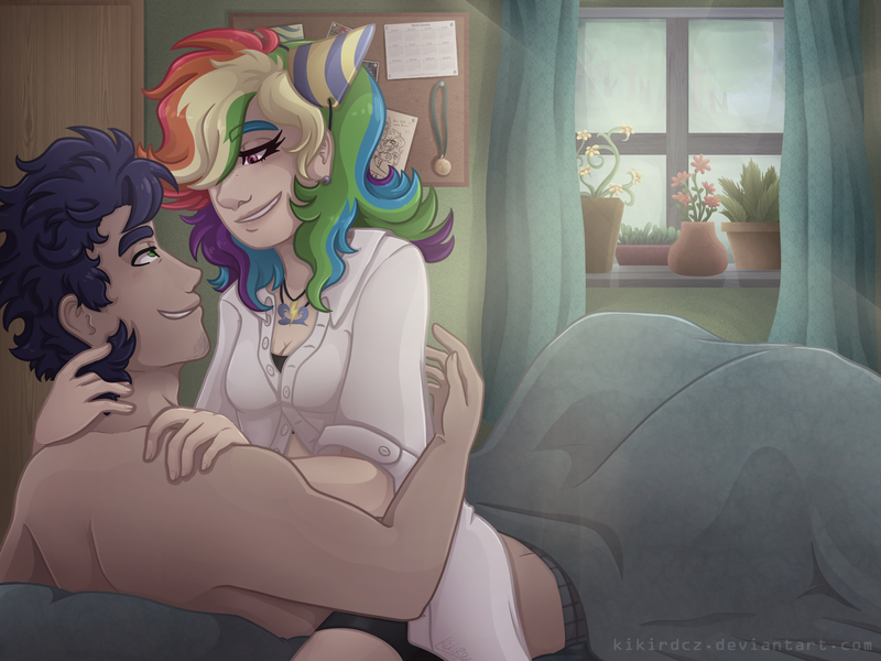 Size: 2400x1800 | Tagged: suggestive, artist:kikirdcz, derpibooru import, rainbow dash, soarin', human, bed, breasts, cleavage, clothes, female, humanized, looking at each other, male, multicolored hair, shipping, shirt, shirt lift, smiling, soarindash, straight, window