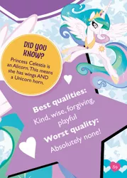 Size: 775x1082 | Tagged: safe, derpibooru import, official, princess celestia, alicorn, pony, ultimate guide, blatant lies, captain obvious, did you know?, female, flying, heart, looking at you, mare, praise the sun, smiling, solo, spread wings, stock vector, text, twilight wrote this, ultimate guide drama, wat, wings