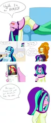 Size: 2000x4800 | Tagged: safe, artist:jake heritagu, derpibooru import, adagio dazzle, aria blaze, sonata dusk, sunset shimmer, siren, comic:aria's archives, equestria girls, clothes, comic, couch, female, lesbian, midriff, mobile phone, phone, shipping, short shirt, smartphone, sunblaze