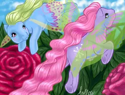 Size: 470x360 | Tagged: artist:hollowzero, derpibooru import, duo, flower, flurry (g1), flying, g1, safe, whirly, windy wing ponies