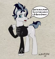 Size: 1800x1950 | Tagged: safe, artist:skydiggitydive, derpibooru import, snow hope, earth pony, pony, fake it 'til you make it, dialogue, male, my chemical romance, simple background, solo, speech bubble, stallion, the black parade