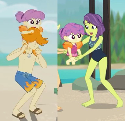 Size: 411x400 | Tagged: safe, derpibooru import, screencap, applejack, lily pad (equestria girls), valhallen, victoria, water lily (equestria girls), aww... baby turtles, equestria girls, equestria girls series, turf war, baby, background human, barefoot, clothes, coincidence, cropped, feet, male, male feet, partial nudity, sandals, shorts, swimsuit, topless