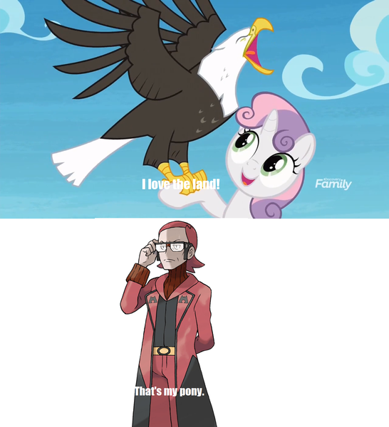 Size: 1280x1406 | Tagged: bald eagle, beak, bird, derpibooru import, eagle, edit, edited screencap, falconry, human, maxie (pokemon), meme, open beak, open mouth, pokémon, safe, screencap, spread wings, surf and/or turf, sweetie belle, team magma, that's my pony, that's my x, wings