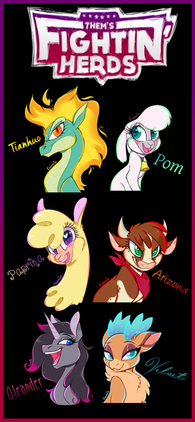 Size: 1162x2505 | Tagged: safe, artist:esmeia, derpibooru import, arizona cow, oleander (tfh), paprika paca, pom lamb, tianhuo, velvet reindeer, alpaca, cow, deer, dragon, hybrid, longma, reindeer, sheep, unicorn, them's fightin' herds, community related, fightin' six, lamb, open mouth, smiling