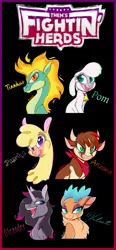 Size: 1162x2505 | Tagged: safe, artist:esmeia, derpibooru import, arizona cow, oleander (tfh), paprika paca, pom lamb, tianhuo, velvet reindeer, alpaca, cow, deer, dragon, hybrid, longma, reindeer, sheep, unicorn, them's fightin' herds, community related, fightin' six, lamb, open mouth, smiling