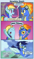 Size: 1116x1900 | Tagged: safe, artist:frenkieart, derpibooru import, rainbow dash, soarin', spitfire, pegasus, pony, newbie dash, clothes, comic, eyes closed, female, goggles, latin, male, mare, speech bubble, stallion, uniform, wonderbolts uniform