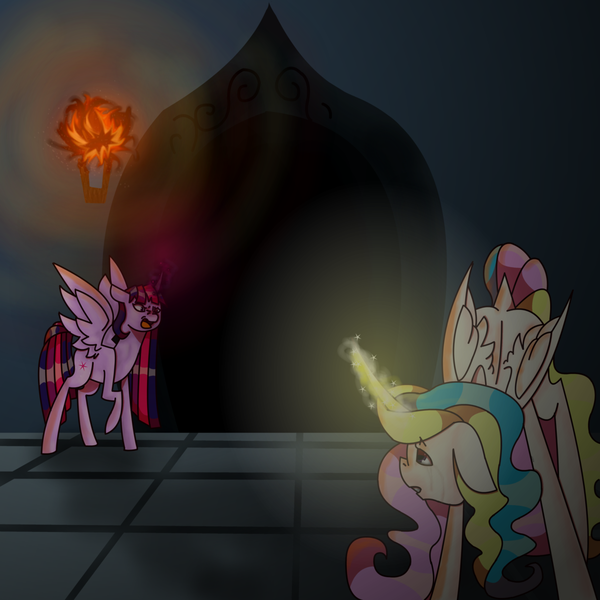 Size: 1024x1024 | Tagged: alicorn, artist:eggymy, betrayal, derpibooru import, fight, princess celestia, semi-grimdark, twilight sparkle, twilight sparkle (alicorn)