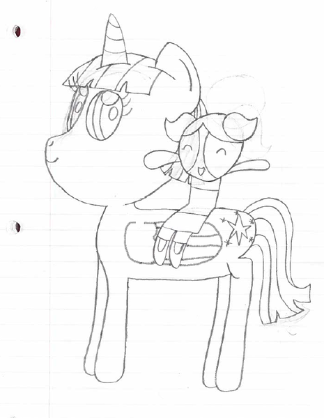 Size: 587x758 | Tagged: alicorn, artist:nightshadowmlp, bubbles (powerpuff girls), derpibooru import, grayscale, lined paper, monochrome, safe, smiling, tara strong, the powerpuff girls, traditional art, twilight sparkle, twilight sparkle (alicorn), voice actor joke