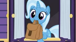 Size: 1280x720 | Tagged: safe, derpibooru import, screencap, trixie, unicorn, to where and back again, bag, cute, diatrixes, female, saddle bag, solo, to saddlebags and back again, trixie's wagon, wagon, window