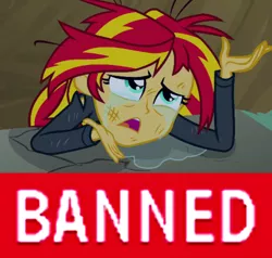 Size: 738x702 | Tagged: safe, derpibooru import, edit, edited screencap, screencap, sunset shimmer, equestria girls, equestria girls (movie), caption, cropped, expand dong, exploitable meme, image macro, meme, messy hair, sad, solo, sunsad shimmer, text