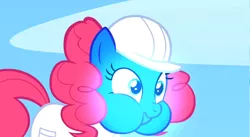 Size: 1920x1050 | Tagged: safe, derpibooru import, screencap, pinkie pie, earth pony, pony, sonic rainboom (episode), blue, blue face, female, glow, hard hat, mare, puffy cheeks, solo, weather factory uniform