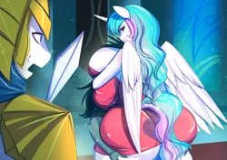 Size: 1400x990 | Tagged: suggestive, artist:bakki, derpibooru import, princess celestia, oc, oc:midnight radiance (sixpathspony), alicorn, anthro, ass, bedroom eyes, big breasts, breasts, busty princess celestia, butt, butt grab, butt touch, canon x oc, clothes, commission, curvy, dress, female, grope, hand on butt, hourglass figure, huge breasts, huge butt, image, impossibly large breasts, impossibly large butt, jpeg, large butt, looking back, male, red dress, royal guard, shipping, shocked, straight, stupid sexy celestia, sunbutt, the ass was fat, wide hips