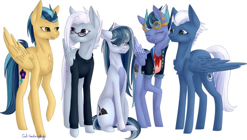 Size: 1504x854 | Tagged: safe, artist:sychia, derpibooru import, indigo zap, night glider, oc, oc:black lightning (ice1517), oc:jet stream (ice1517), oc:winter flurry, pegasus, pony, icey-verse, annoyed, chest fluff, clothes, ear piercing, earring, eyes closed, family, female, glasses, goggles, grumpy, indiglider, jacket, jewelry, lesbian, magical lesbian spawn, mare, mother, mother and child, mother and daughter, next generation, offspring, open mouth, parent:indigo zap, parent:night glider, parents:indiglider, piercing, shipping, simple background, sweater, transparent background, unamused, wingless