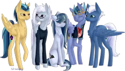 Size: 1504x854 | Tagged: safe, artist:sychia, derpibooru import, indigo zap, night glider, oc, oc:black lightning (ice1517), oc:jet stream (ice1517), oc:winter flurry, pegasus, pony, icey-verse, annoyed, chest fluff, clothes, ear piercing, earring, eyes closed, family, female, glasses, goggles, grumpy, indiglider, jacket, jewelry, lesbian, magical lesbian spawn, mare, mother, mother and child, mother and daughter, next generation, offspring, open mouth, parent:indigo zap, parent:night glider, parents:indiglider, piercing, shipping, simple background, sweater, transparent background, unamused, wingless