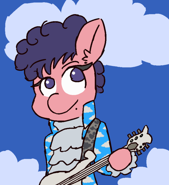 Size: 740x810 | Tagged: safe, artist:threetwotwo32232, derpibooru import, raspberry beret, earth pony, pony, 30 minute art challenge, clothes, female, guitar, mare, musical instrument, parody, prince (musician), solo