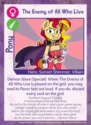 Size: 788x1088 | Tagged: safe, artist:befishproductions, derpibooru import, editor:ithryskylark, sunset shimmer, anthro, twilight sparkle's secret shipfic folder, equestria girls, alternate costumes, badass, cape, card, clothes, crossover, ear piercing, earring, female, jewelry, lina inverse, piercing, slayers, smugset shimmer, solo