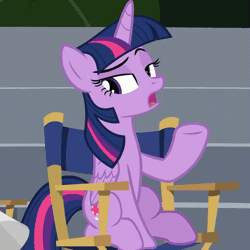 Size: 511x511 | Tagged: safe, derpibooru import, screencap, twilight sparkle, twilight sparkle (alicorn), alicorn, pony, horse play, animated, chair, coughing, cropped, cute, director's chair, dreamworks face, eyes closed, female, folded wings, happy, lidded eyes, mare, megaphone, open mouth, raised eyebrow, sitting, smiling, smug, smuglight sparkle, solo focus, twiabetes, wings