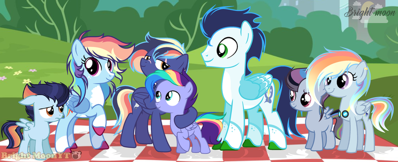 Size: 1024x418 | Tagged: safe, artist:sleppchocolatemlp, derpibooru import, rainbow dash, soarin', oc, oc:blaze storm, oc:castrider star, oc:delirious storm, oc:nick storm, oc:night thunder, oc:rainbow cupcake, oc:white comet, pegasus, pony, alternate design, colt, female, filly, male, mare, offspring, parent:rainbow dash, parent:soarin', parents:soarindash, picnic blanket, shipping, soarindash, straight