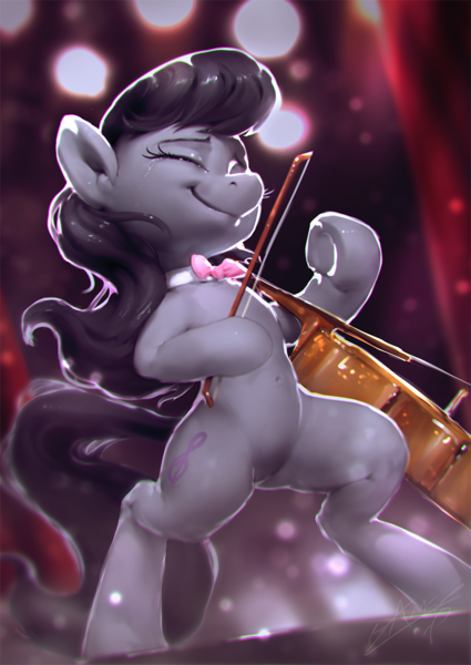 Size: 850x1200 | Tagged: safe, artist:assasinmonkey, derpibooru import, octavia melody, earth pony, pony, semi-anthro, belly button, bipedal, bow (instrument), bowtie, cello, cello bow, crying, eyes closed, female, mare, musical instrument, solo, stage, underhoof