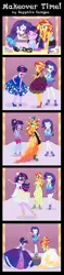 Size: 568x2400 | Tagged: safe, artist:sapphiregamgee, derpibooru import, rarity, sci-twi, sunset shimmer, twilight sparkle, equestria girls, equestria girls series, and then there's rarity, carousel boutique, clothes, commission, commissioner:shortskirtsandexplosions, curtsey, dress, dressup, faic, geode of shielding, magical geodes, makeover, scrunchy face
