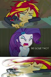 Size: 654x986 | Tagged: safe, derpibooru import, edit, edited screencap, screencap, rarity, sunset shimmer, equestria girls, equestria girls (movie), rainbow rocks, begone thot, crying, meme, sad, smoke, thot