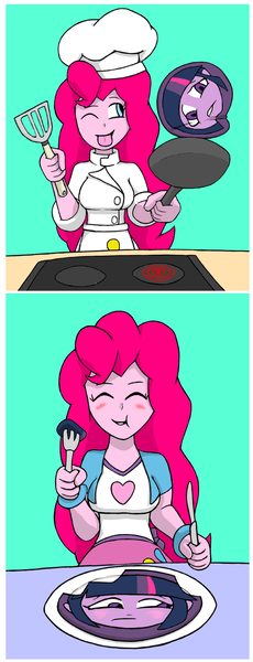 Size: 831x2171 | Tagged: semi-grimdark, artist:maki12, derpibooru import, pinkie pie, twilight sparkle, equestria girls, chef, chef's hat, cooking, eating, fetish, flattened, flip, food, food transformation, frying pan, hat, i'm pancake, inanimate tf, literal, not salmon, pancakes, pure unfiltered evil, transformation, twicake, twicakes, vore, wat