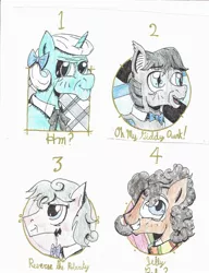 Size: 1680x2186 | Tagged: safe, artist:sixes&sevens, derpibooru import, doctor whooves, time turner, bat pony, crystal pony, earth pony, pony, unicorn, bowtie, colored pencil drawing, doctor who, first doctor, fourth doctor, fourth doctor's scarf, second doctor, third doctor, traditional art
