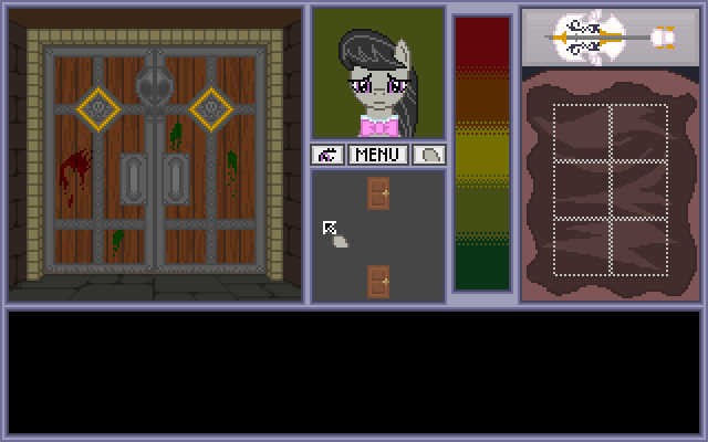 Size: 640x400 | Tagged: artist:herooftime1000, blood, derpibooru import, door, dungeon, octavia in the underworld's cello, octavia melody, pixel art, semi-grimdark