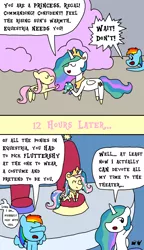 Size: 750x1300 | Tagged: 2 panel comic, alternate ending, artist:bjdazzle, chibi, clothes, cloud, comic, cosplay, costume, derpibooru import, fake horn, fake it 'til you make it, fluttershy, horse play, implied princess luna, jewelry, missing accessory, offscreen character, panic, princess celestia, rainbow dash, regalia, safe, season 8 homework assignment, shylestia, throne, throne room, uselesstia, well that escalated quickly, wig