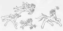 Size: 3934x1944 | Tagged: alcohol, artist:siegfriednox, brush, chase, comb, derpibooru import, electric razor, fallout equestria, fallout equestria: project horizons, fanfic art, fluffy, flying, group, oc, oc:blackjack, oc:boo, oc:morning glory (project horizons), oc:rampage, running, safe, scissors, traditional art, whiskey