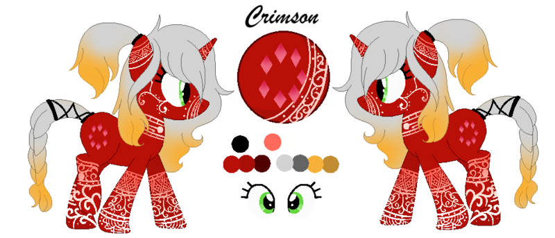 Size: 957x410 | Tagged: safe, artist:mlpcrystalharmony, artist:selenaede, derpibooru import, oc, oc:crimson (ice1517), unofficial characters only, pony, unicorn, base used, female, mare, ponytail, reference sheet, simple background, solo, tail wrap, tattoo, transparent background