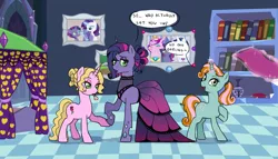 Size: 2191x1250 | Tagged: safe, artist:pikokko, derpibooru import, princess cadance, rarity, shining armor, oc, oc:bloody rose, oc:needle, oc:prince(ss) quasimodo quartz, unofficial characters only, changepony, hybrid, unicorn, bedroom, clothes, dress, female, interspecies offspring, male, mare, mouth hold, next generation, offspring, parent:prince blueblood, parent:queen chrysalis, parent:rarity, parent:shining armor, parent:snips, parent:sweetie belle, parents:rariblood, parents:shining chrysalis, parents:sweetiesnips, shiningcadance, shipping, speech bubble, straight, trans girl, transgender
