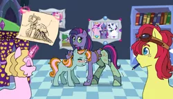 Size: 2191x1250 | Tagged: safe, artist:pikokko, derpibooru import, princess cadance, shining armor, oc, oc:bloody rose, oc:cortland, oc:needle, oc:prince(ss) quasimodo quartz, unofficial characters only, changepony, hybrid, pony, unicorn, amputee, bedroom, female, glowing horn, goggles, horn, interspecies offspring, male, mare, mouth hold, offspring, one eye closed, parent:applejack, parent:caramel, parent:prince blueblood, parent:queen chrysalis, parent:rarity, parent:shining armor, parent:snips, parent:sweetie belle, parents:carajack, parents:rariblood, parents:shining chrysalis, parents:sweetiesnips, pencil, prosthetic limb, prosthetics, shiningcadance, shipping, stallion, straight, trans girl, transgender