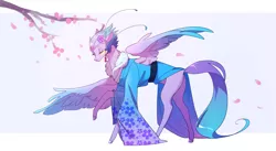 Size: 3100x1699 | Tagged: artist needed, safe, derpibooru import, blossom, pegasus, pony, cherry tree, clothes, commission, female, kimono (clothing), solo, tree, ych result