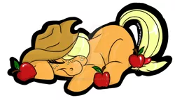 Size: 900x518 | Tagged: safe, artist:kuroryushin, derpibooru import, applejack, earth pony, pony, apple, applejack's hat, cowboy hat, eyes closed, female, food, freckles, hat, mare, missing cutie mark, obligatory apple, prone, simple background, sleeping, smiling, solo, watermark, white background, younger