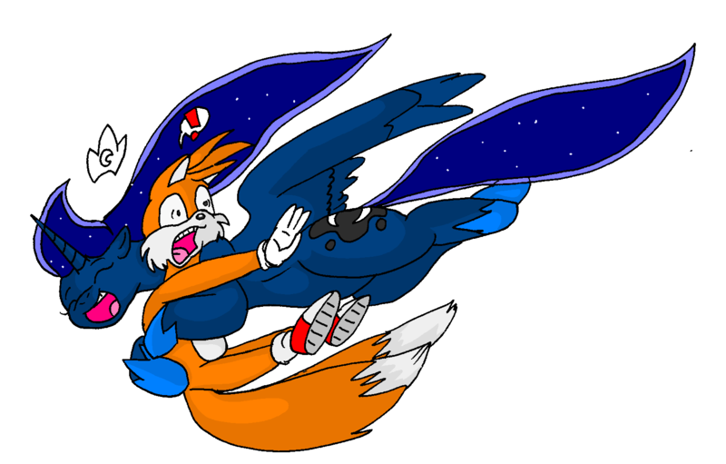 Size: 1614x1030 | Tagged: artist:large-rarge, crossover, derpibooru import, emoticon, glomp, miles "tails" prower, princess luna, safe, smiling, sonic the hedgehog (series), surprised, tackle