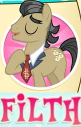 Size: 597x937 | Tagged: caption, derpibooru import, expand dong, exploitable meme, filth, filthy rich, image macro, male, meme, necktie, pun, raised hoof, safe, solo, text, wow! glimmer