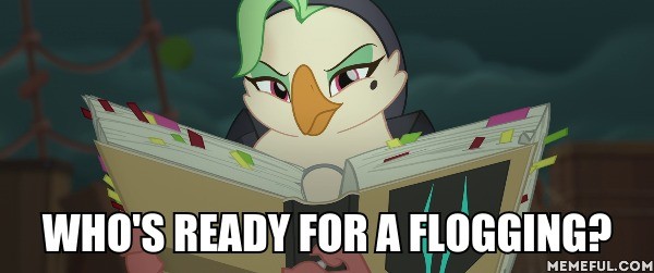 Size: 600x251 | Tagged: captain celaeno, caption, derpibooru import, edit, edited screencap, female, image macro, meme, my little pony: the movie, screencap, semi-grimdark, solo, storm king's messenger outfit, text