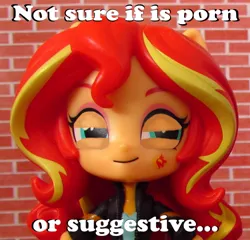 Size: 601x578 | Tagged: suggestive, artist:whatthehell!?, derpibooru import, edit, sunset shimmer, equestria girls, alternative cutie mark placement, caption, clothes, doll, equestria girls minis, exploitable meme, facial cutie mark, futurama, hair, image macro, irl, jacket, meme, not sure if, photo, solo, squint, text, toy