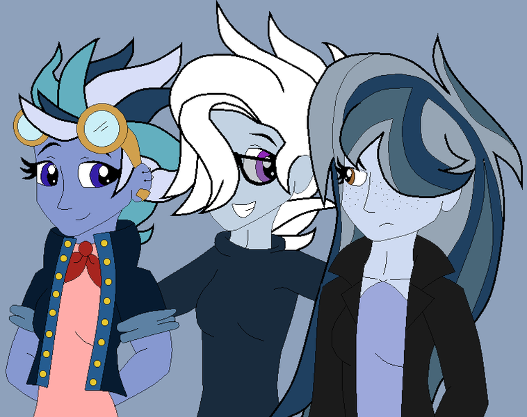 Size: 766x606 | Tagged: safe, artist:icey-wicey-1517, artist:sabri2000, color edit, derpibooru import, edit, oc, oc:black lightning (ice1517), oc:jet stream (ice1517), oc:winter flurry, unofficial characters only, icey-verse, equestria girls, blue background, clothes, colored, ear piercing, earring, equestria girls-ified, female, glasses, goggles, hair over one eye, jacket, jewelry, magical lesbian spawn, next generation, offspring, parent:indigo zap, parent:night glider, parents:indiglider, piercing, side hug, simple background, sweater