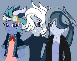 Size: 766x606 | Tagged: safe, artist:icey-wicey-1517, artist:sabri2000, color edit, derpibooru import, edit, oc, oc:black lightning (ice1517), oc:jet stream (ice1517), oc:winter flurry, unofficial characters only, icey-verse, equestria girls, blue background, clothes, colored, ear piercing, earring, equestria girls-ified, female, glasses, goggles, hair over one eye, jacket, jewelry, magical lesbian spawn, next generation, offspring, parent:indigo zap, parent:night glider, parents:indiglider, piercing, side hug, simple background, sweater