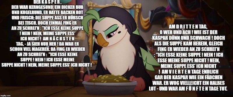 Size: 1194x499 | Tagged: captain celaeno, caption, derpibooru import, edit, edited screencap, german, image macro, meme, my little pony: the movie, safe, screencap, solo, storm king's messenger outfit, text