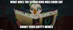 Size: 1194x499 | Tagged: book, captain celaeno, caption, derpibooru import, edit, edited screencap, image macro, meme, my little pony: the movie, safe, screencap, solo, storm king's messenger outfit, text, vulgar