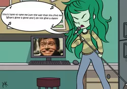 Size: 2893x2039 | Tagged: suggestive, artist:pony4koma, derpibooru import, edit, wallflower blush, human, equestria girls, equestria girls series, forgotten friendship, dialogue, i don't remember, irl, irl human, lyrics, meme, microphone, peter gabriel, photo, singing, song reference, text